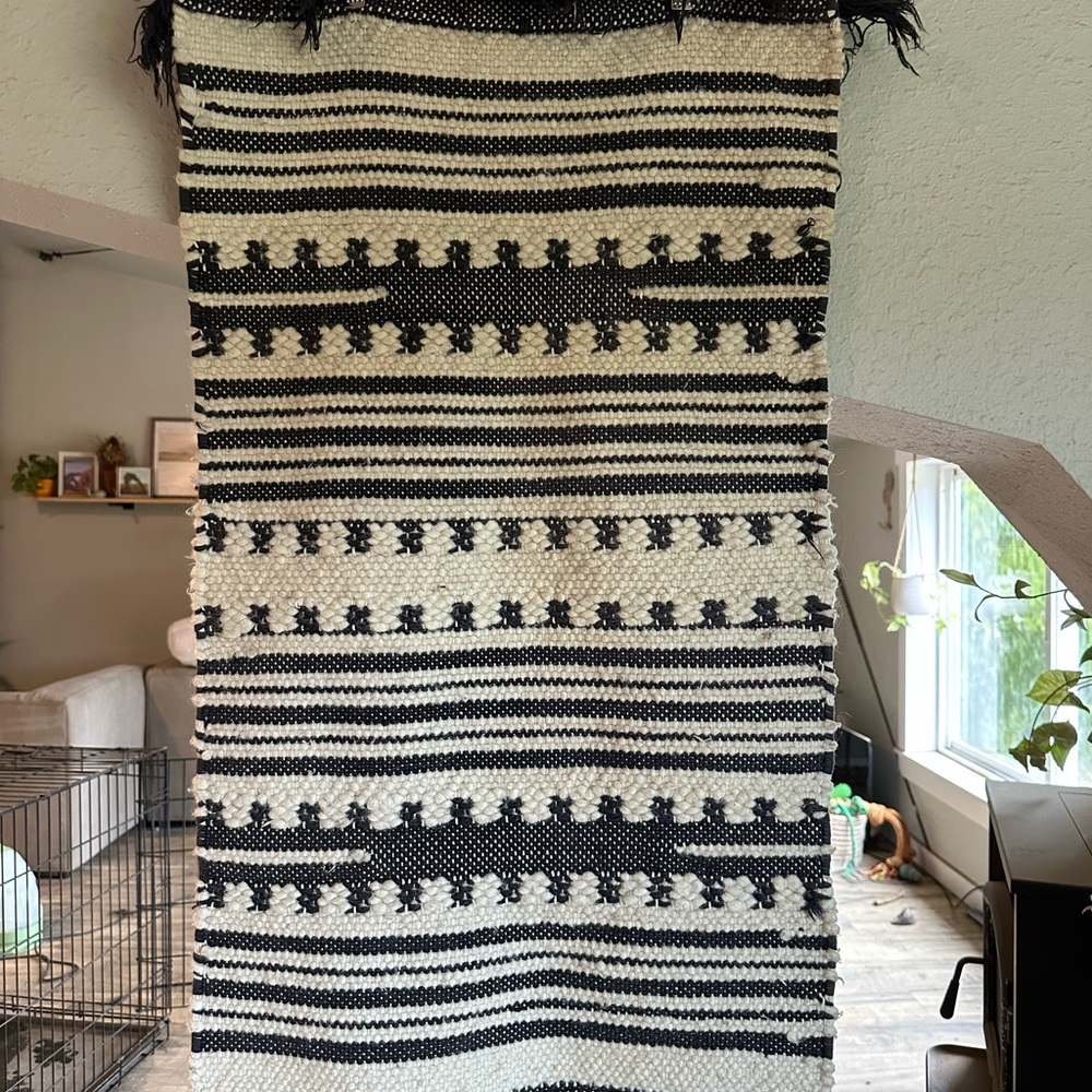 Handwoven Black and Cream Striped Rug Runner (38x19.5)
